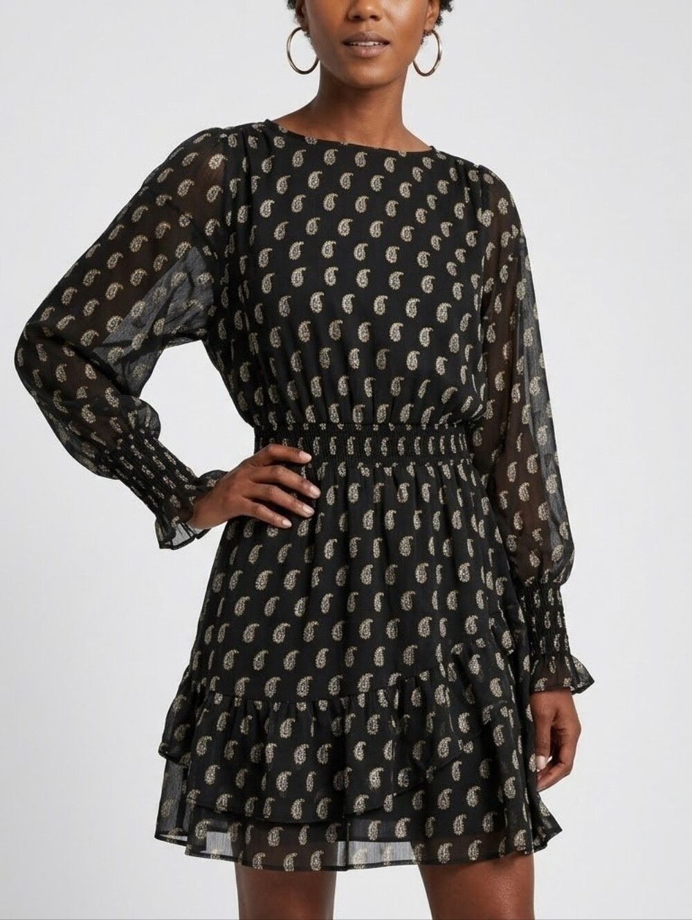 INC Paisley Print Ruffled Black Gold Mini Dress Size XL
